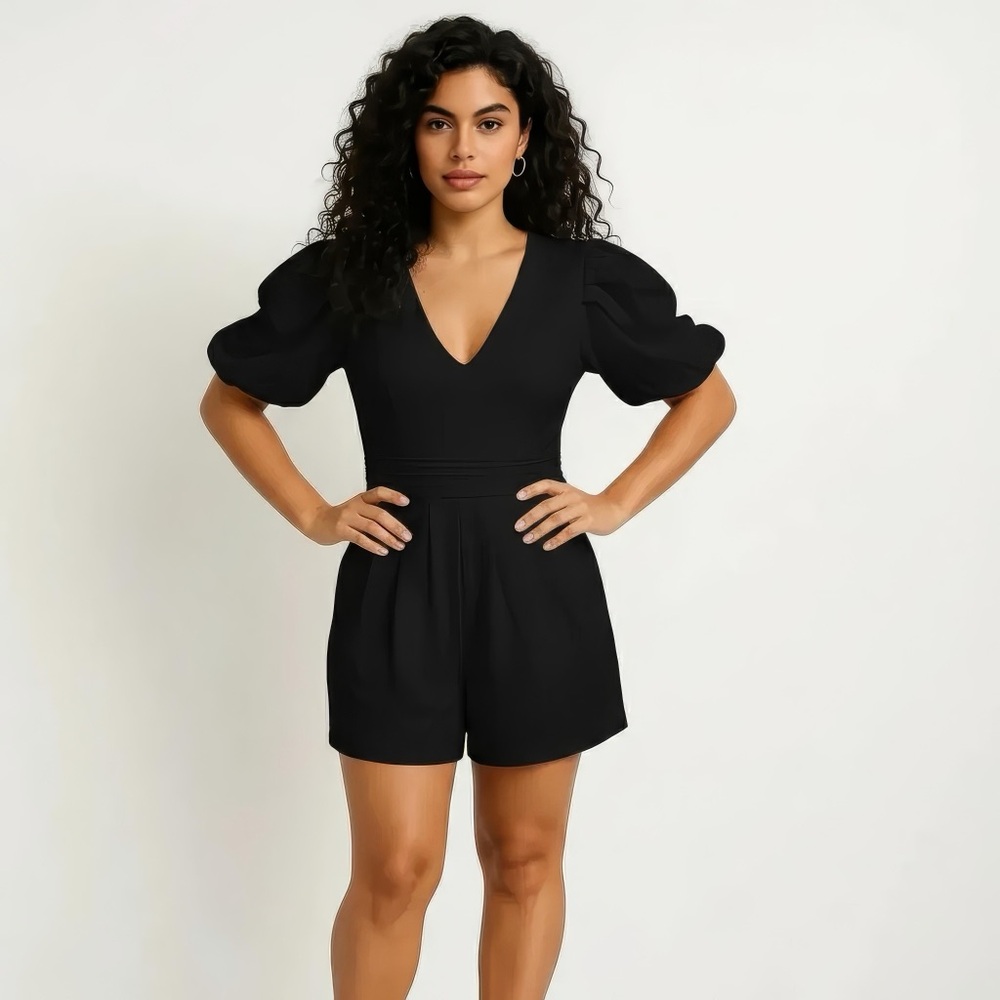 Black Puff Sleeve V-Neck Cocktail Romper
